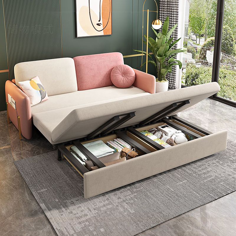 Glam Upholstered Sofa Bed Beige & Pink Sleeper with Storage Box