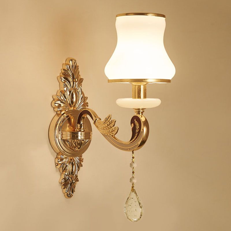 Swooping Arm Wall Sconce Modernist Living Room Wall Mount Light Fixture with Glass Shade in Gold