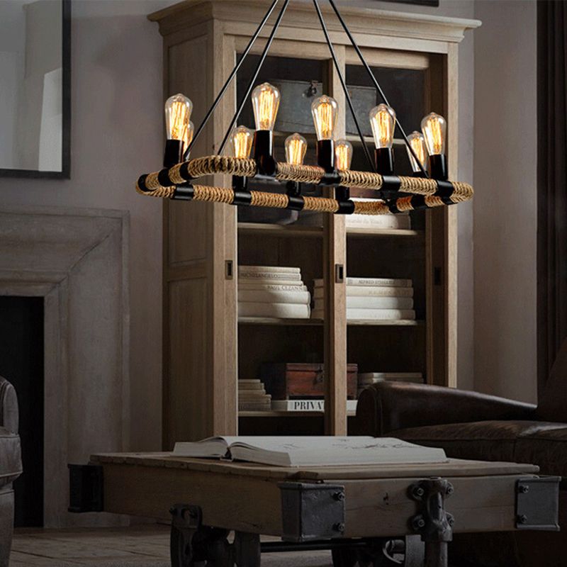 Rectangular Hemp Rope Island Lamp Industrial 10-Light Dining Room Suspension Light
