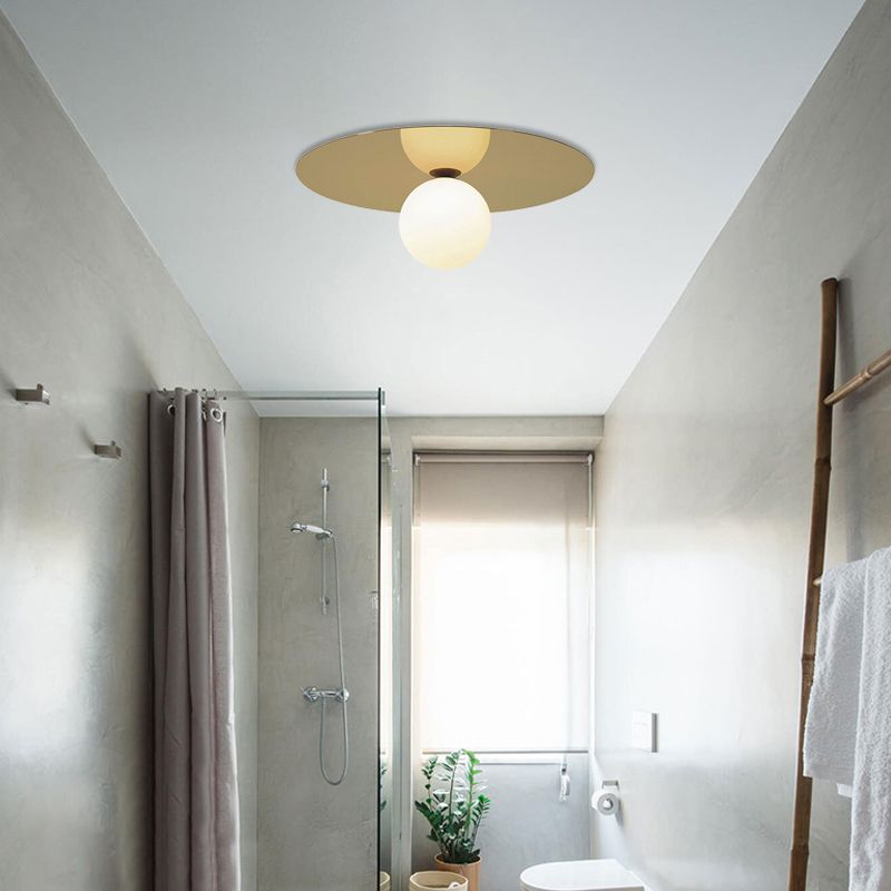 12" W Brass Finish Round Flushmount Ceiling Lamp Contemporary 1 Bulb Ceiling Flush Mount Light with Milk Glass Shade