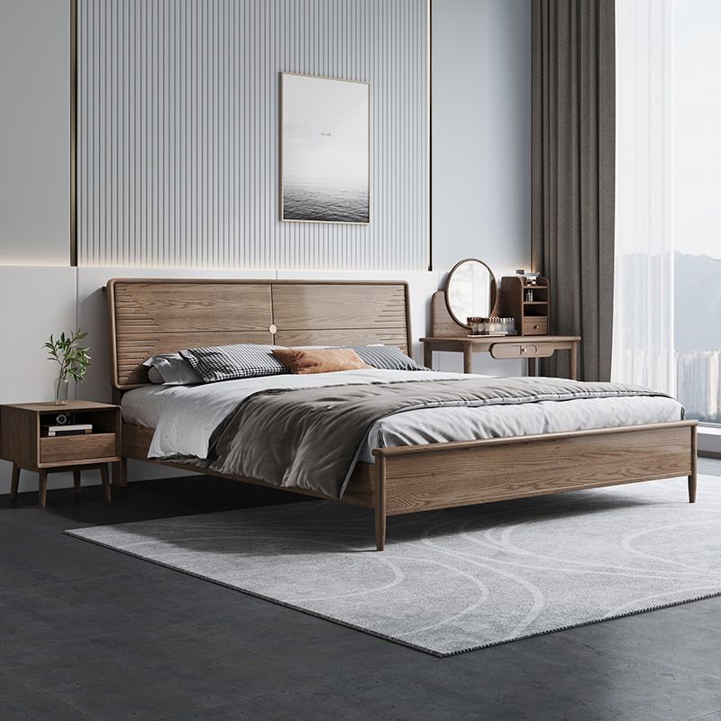 Mid-Century Modern Standard Bed Ash Solid Color Panel Bed with Headboard