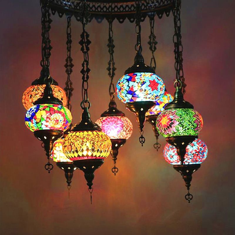 10-Light Oval Chandelier Lamp Bohemia Style Red/Yellow/Orange Stained Glass Down Lighting with Round Design
