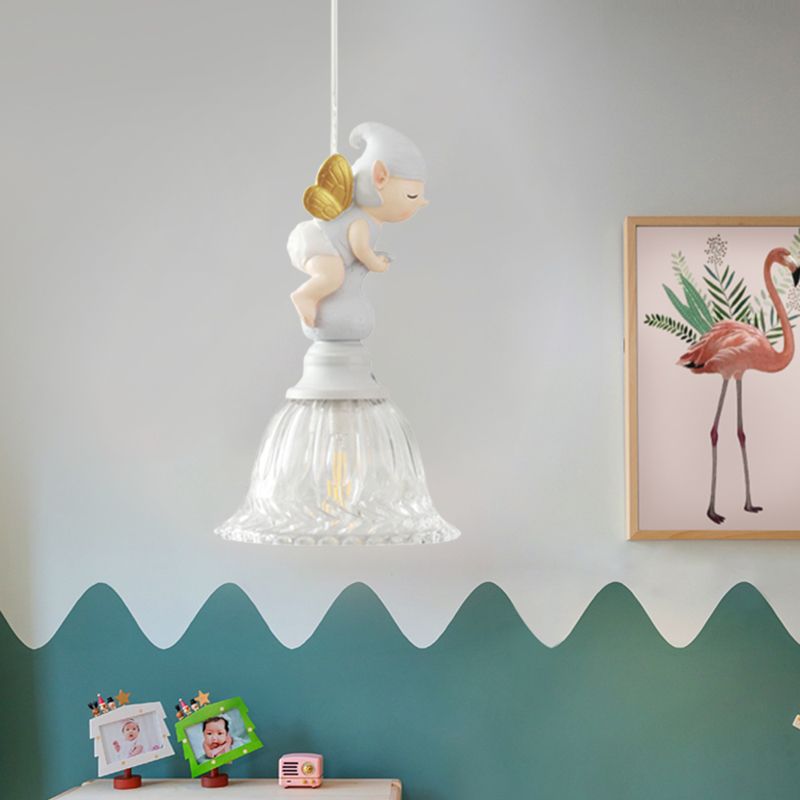 Clear Glass Bell Drop Pendant Cartoon 1 Light White Hanging Light Fixture with Butterfly Fairy Decor