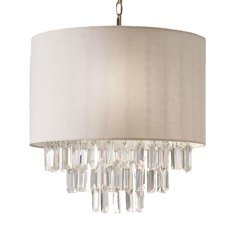 Rectangular-Cut Crystal Drum Hanging Chandelier Modern 3/4 Lights Beige Ceiling Lamp with Fabric Shade
