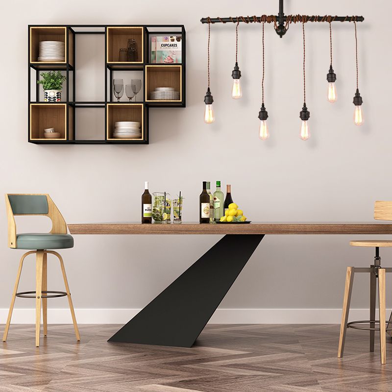 Lampada a sospensione per tubi con finitura nera con lampadina vintage in sospeso metallizzato a 6 luci a 6 luci