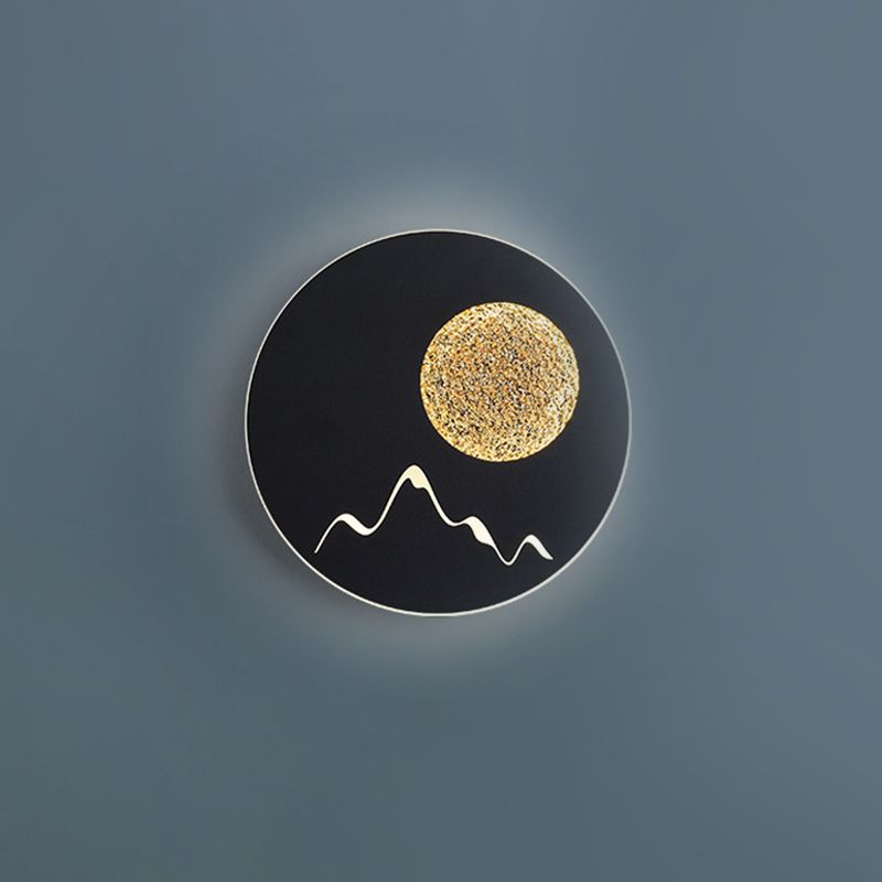 Mini Round/Square Thin LED Flush Mount Nordic Metal Bedroom Wall Light Sconce in Black/White/Grey with Full Moon-Mountain Pattern