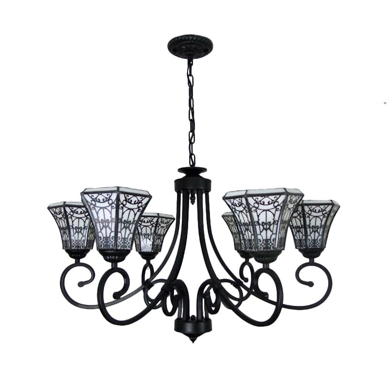 White Glass Bell Pendant Light with Fence Design 6 Lights Lodge Style Chandelier Lamp in Black
