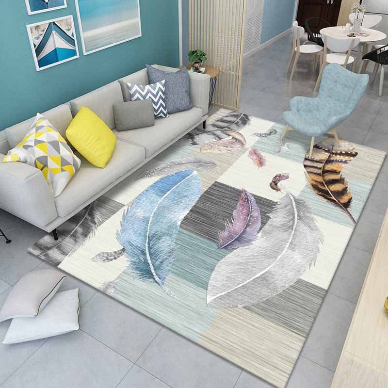 Grey Modern Carpet Feather Print Polyester Area Rug Anti-Slip Washable Rug for Living Room