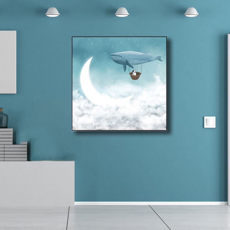 Moon Night Flying Whale Canvas Art Blue Kids Wall Decor for Sitting Room, Textured