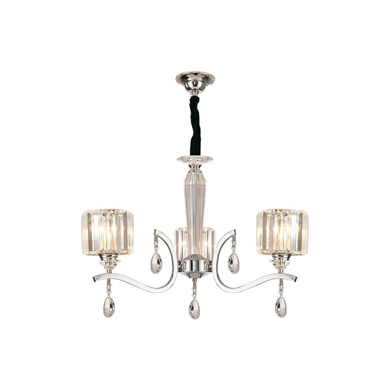 3-Bulb Chandelier Lamp Contemporary Cylindrical Crystal Hanging Light with Chrome Curved Arm