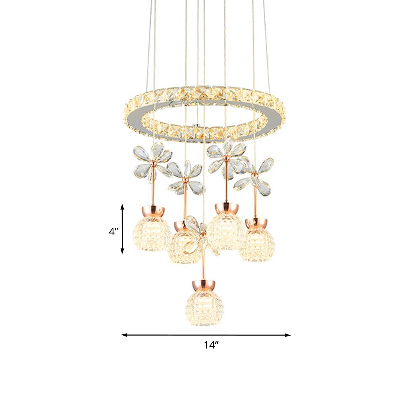 Chrome LED Hanging Lighting Modernist Clear Beveled Crystal Dome and Ring Pendulum Lamp with Flower Design