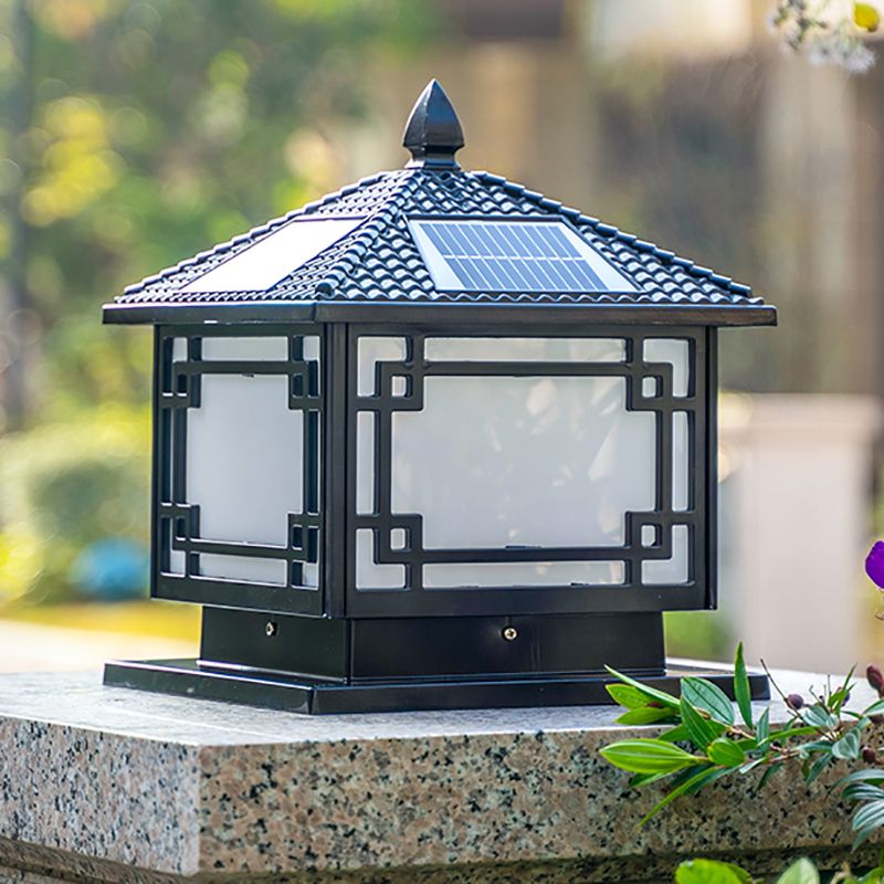 Square Shape Solar Pillar Lamp Contemporary Metal Outdoor Waterproof Light