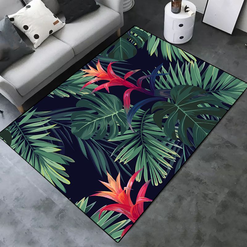 Black Tone Nordic Indoor Rug Polyester Plants Print Carpet Non-Slip Backing Rug for Home Decoration