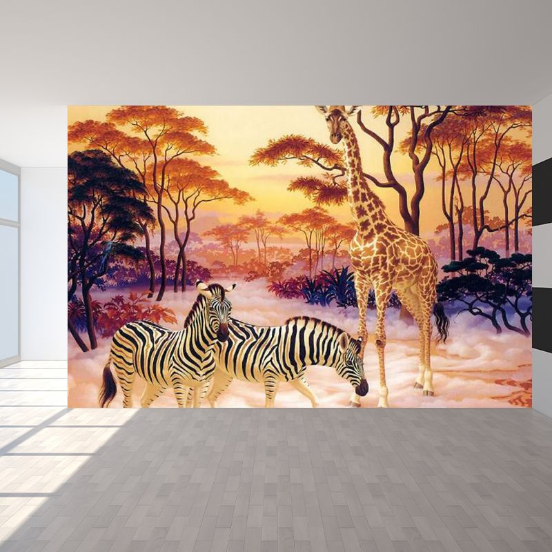 Full Size Illustration Tropical Mural with Zebra and Giraffe in Yellow, Made to Measure