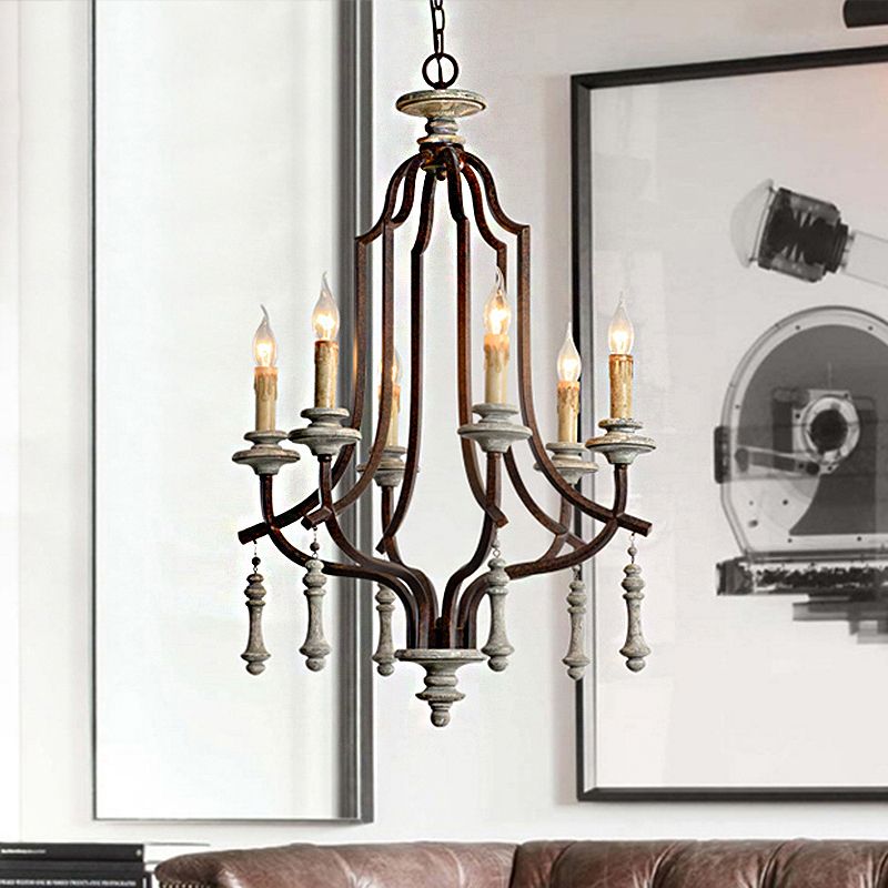 Metal Candelabra Chandelier Lamp Farmhouse 6-Head Living Room Pendant Ceiling Light in Antique Brass/Rust