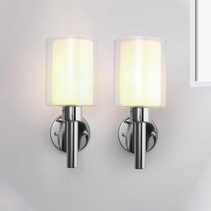 Modern Cylinder Wall Lighting Clear Glass 1 Light Chrome Wall Light with Inner White Glass Shade