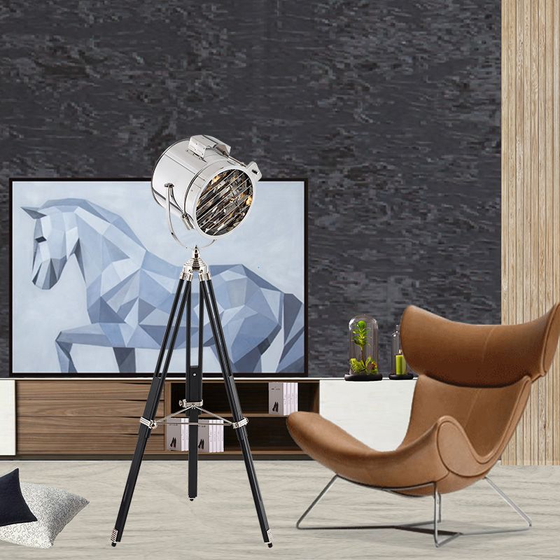 Metallic cilinder Spotlight industriële stijl 1 hoofd woonkamer vloerlamp in zwart/hout met statief