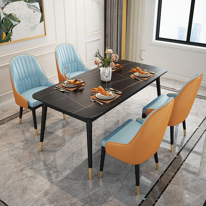 Stone Top Dining Table Contemporary Rectangle Table with 4 Metal Legs in Black
