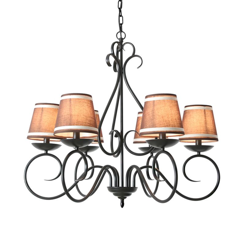 6 Lights Fabric Chandelier Light Traditional Coffee/Flaxen/White Conical Dining Room Hanging Light Fixture