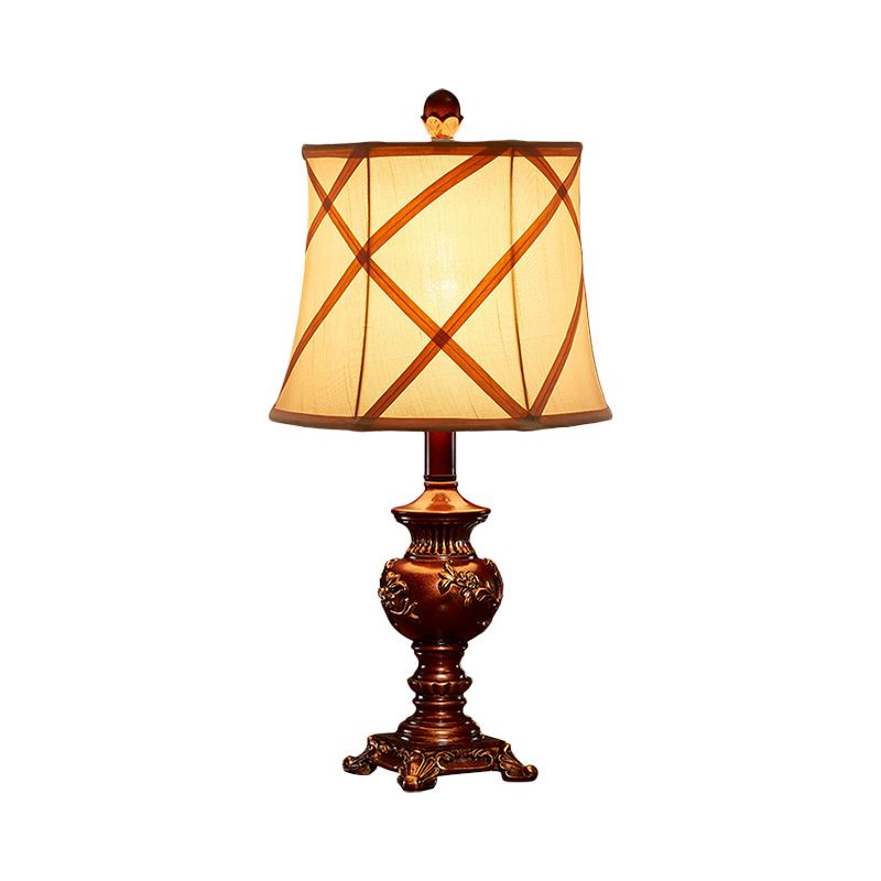 Lampada da tavolo con base in urna marrone, lampada da tavolo in resina stile vintage a 1 testa con paralume in tessuto