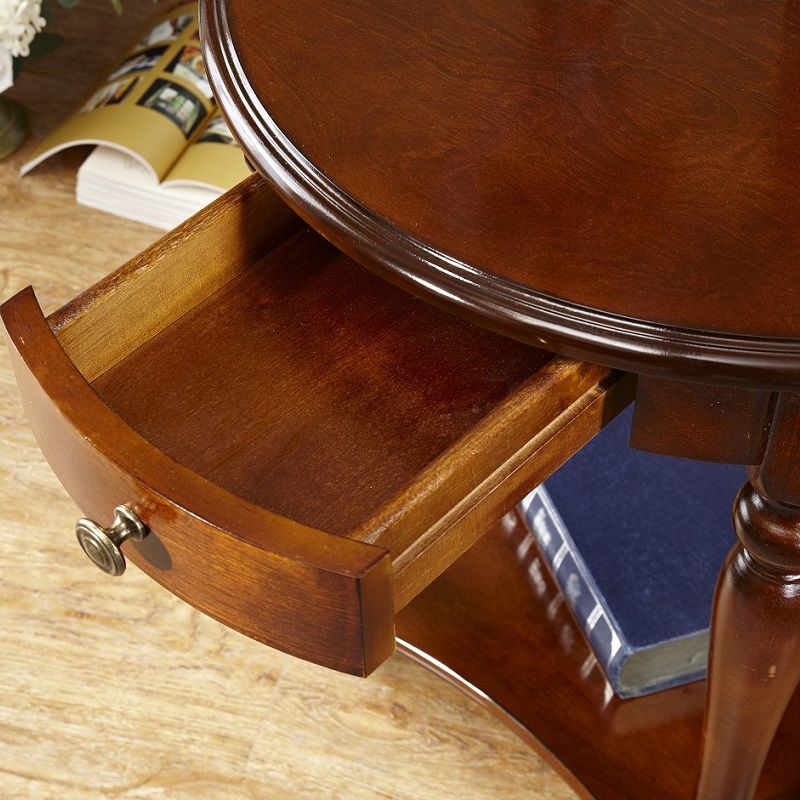 Traditional 24..4" Tall End Table in Brown Solid Wood Round Side Table with Shelf