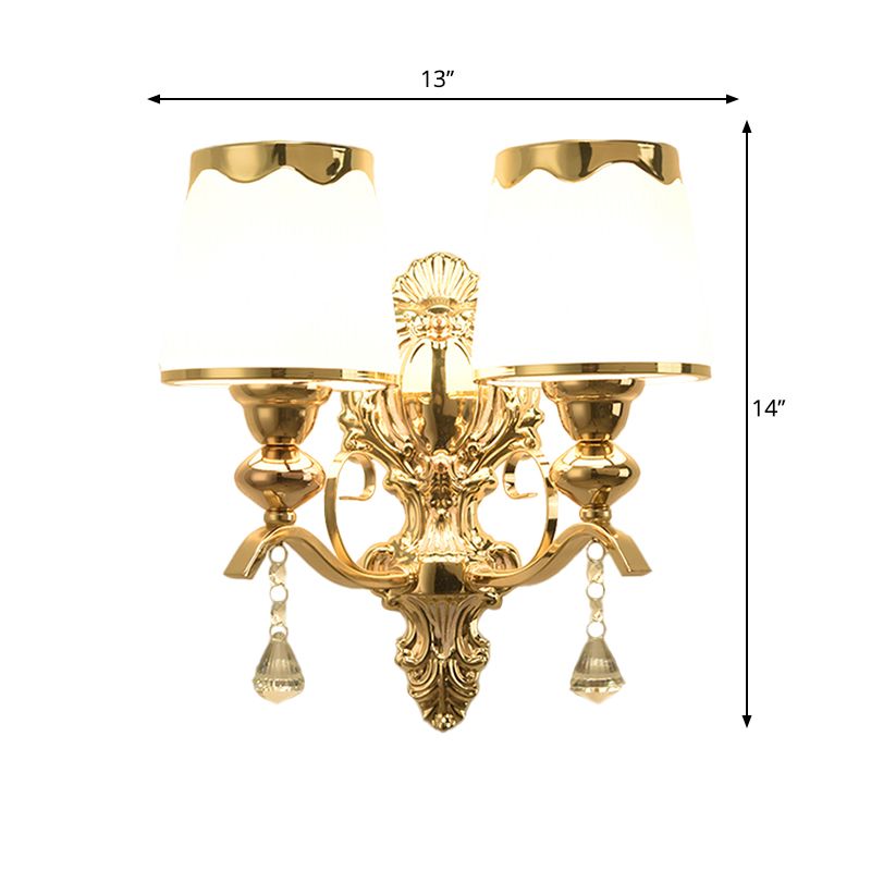 Luz de la pared de 2 luces con tono de barril Opal Glass Post moderna lámpara de pared de dormitorio en oro