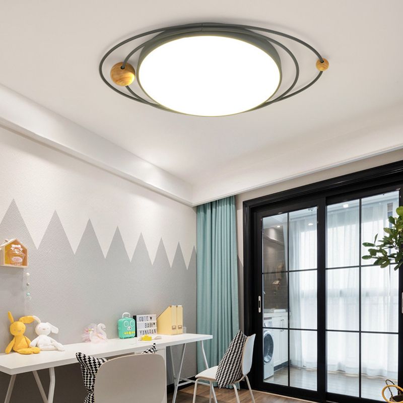 Drum Flush Lamp with Orbit Design Nordic Style Metal Led Indoor Flush Ceiling Light in Green/Grey/White, 21"/26"/31" W
