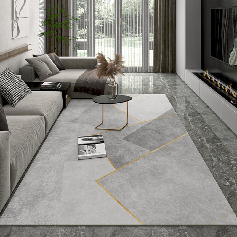 Grey Living Room Area Rug Geometric Print Polyester Area Carpet Non-Slip Backing Rug for Home Decor