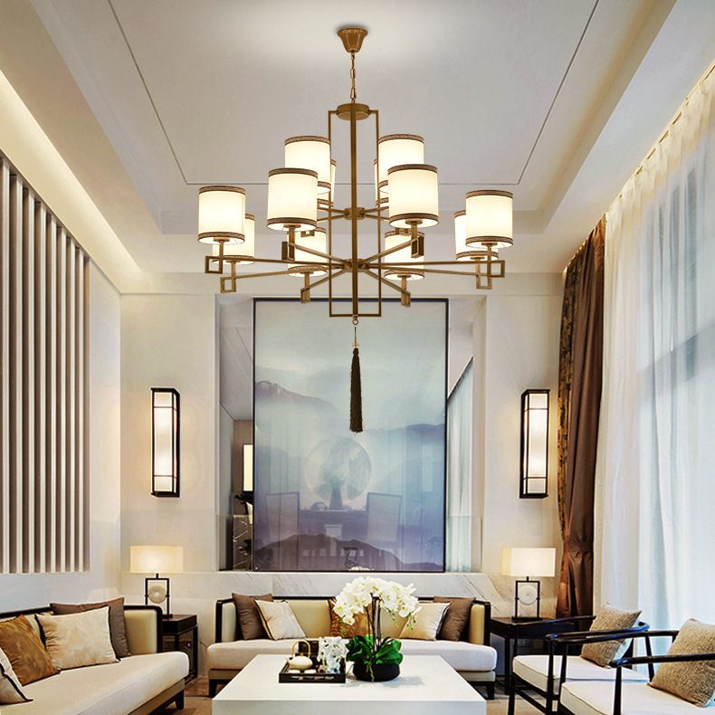 Cylindrical Fabric Suspension Lamp Retro Lobby Living Room Chandelier with Tassel