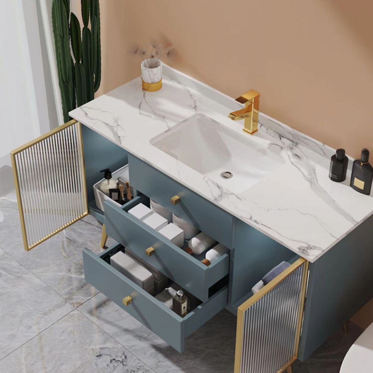 Freestanding Bathroom Vanity Blue Wood Frame Single Sink Rectangular Vanity with 3 Drawers