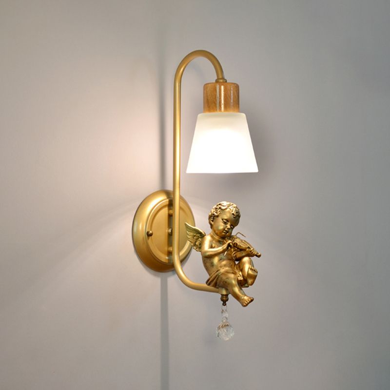 Modern Kids Wood Wall Sconce Geometric Shape Metal Wall Light with Glass Shade for Bedroom