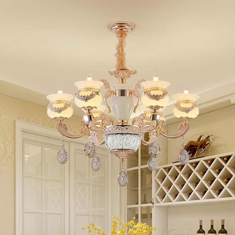 Jade gouden kroonluchter verlichting kaarsen 6 lichten traditionele plafond hanger licht met kristalval