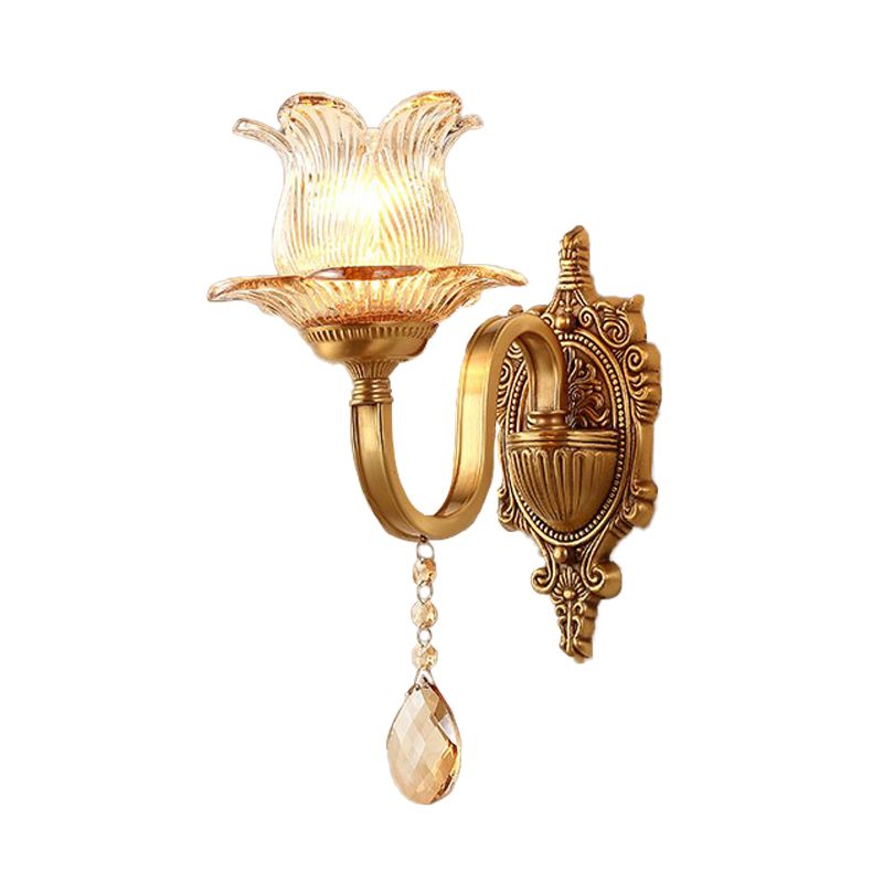 Brass Floral Sconce Light Fixture Vintage Clear Prismatic Glass 1/2 Lights Living Room LED Wall Mounted Lamp