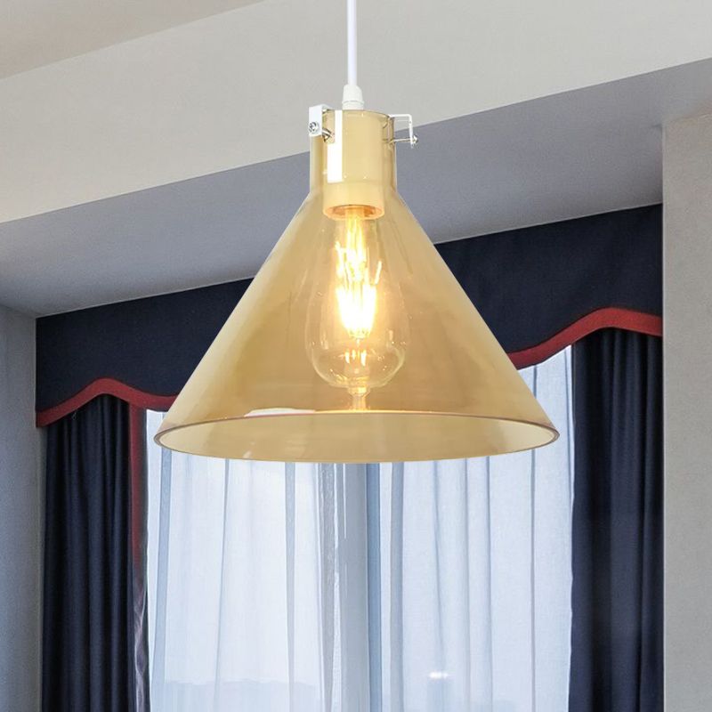 Cone Dining Room Hanging Light Amber Glass 1 Head Modernist Ceiling Suspension Lamp