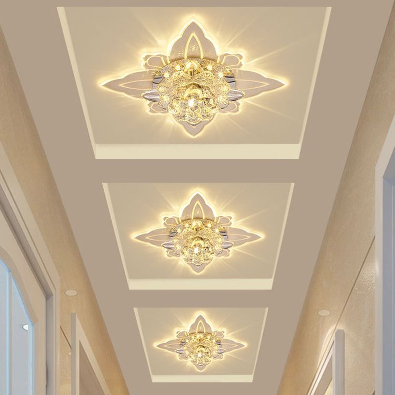 Clear Crystal Floral Ceiling Lamp Contemporary Passage LED Flush-Mount Light Fixture