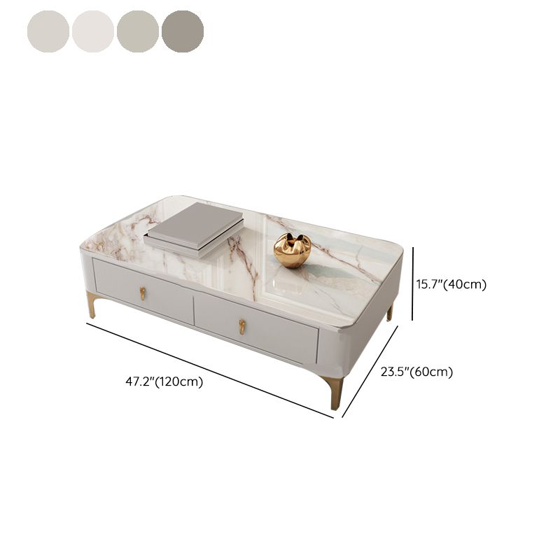 Glam Rectangle Stone Coffee Table Single 4 Legs Coffee Table with Storage Drawers