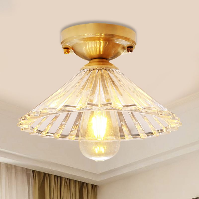 1 Bulb Cone Semi Flush Light Traditionary Ribbed Glass Ceiling Mounted Fixture in Brass for Bedroom