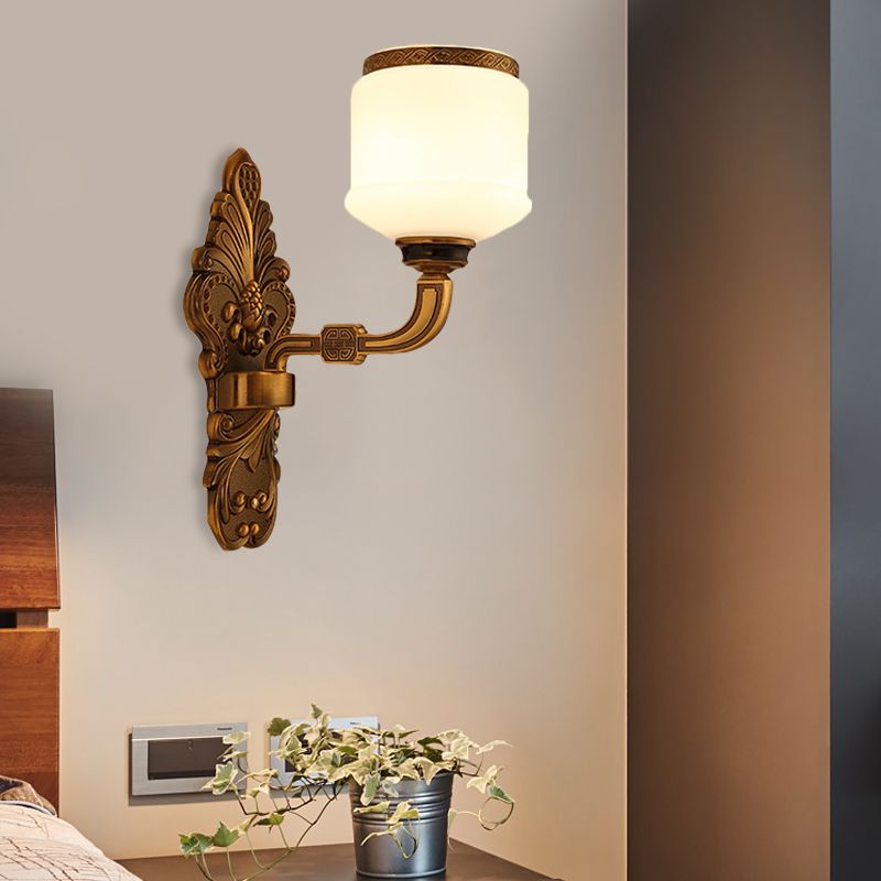 1/2-Light Wall Mount Lighting Vintage Style Drum Shade White Glass Wall Sconce Lamp in Brass