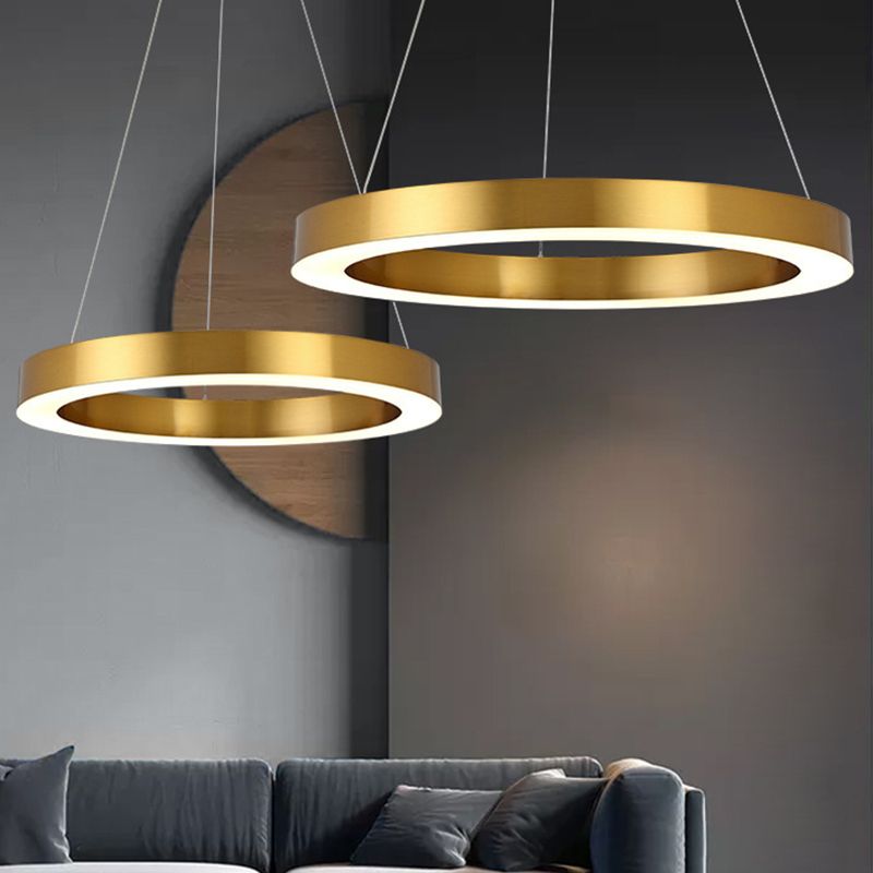 Polished Gold Ring LED Pendant Lighting Simple Stainless Steel Small/Large Chandelier Lamp