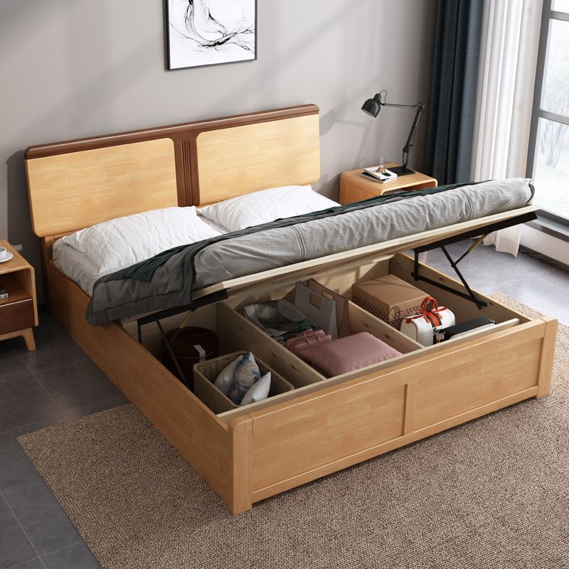 Contemporary Panel Bed Solid Wood Natural Standard Bed with Headboard