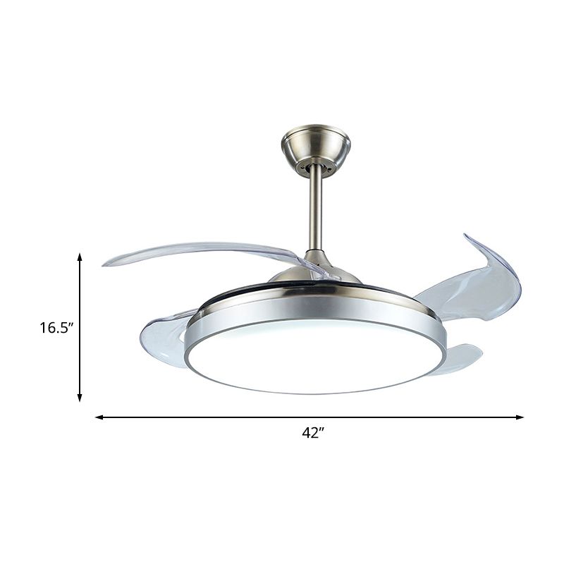 Hedendaagse cirkelvormige semi -spoellicht LED 42 "W Acryl -plafondventilatorverlichting in zilver met 4 heldere messen, externe/wandregeling/frequentieconversie