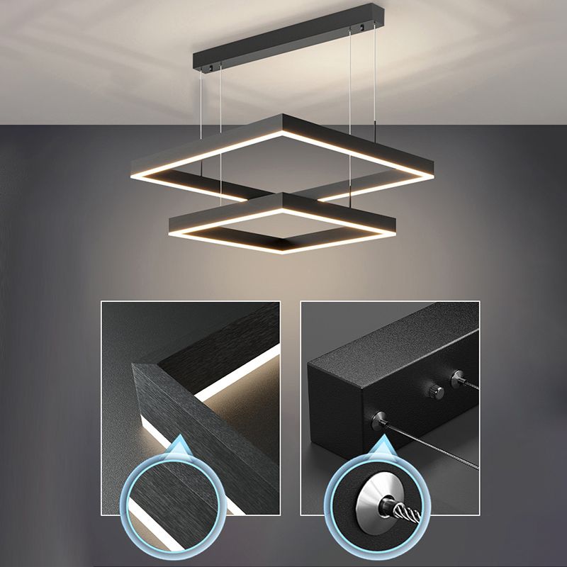 Metal Squared Pendant Lighting Fixture Modern Style LED Black Hanging Chandelier