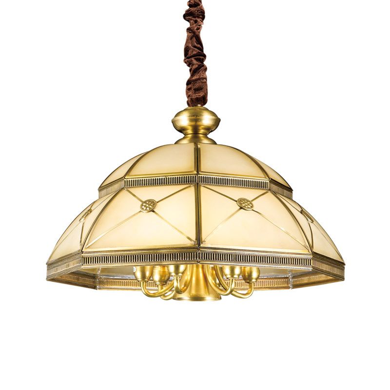 Frosted Glass Gold Pendant Chandelier Bowl 7 Lights Colonialism Ceiling Hang Fixture for Kitchen