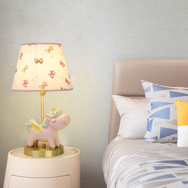 Tapered Bedside Table Light Fabric Single Cartoon Nightstand Lighting with Unicorn Decor