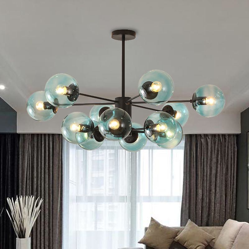 Amber/Blue/Clear Glass Spherical Chandelier Light Post Modern 6/8/10 Lights Black Pendant Lamp for Bedroom