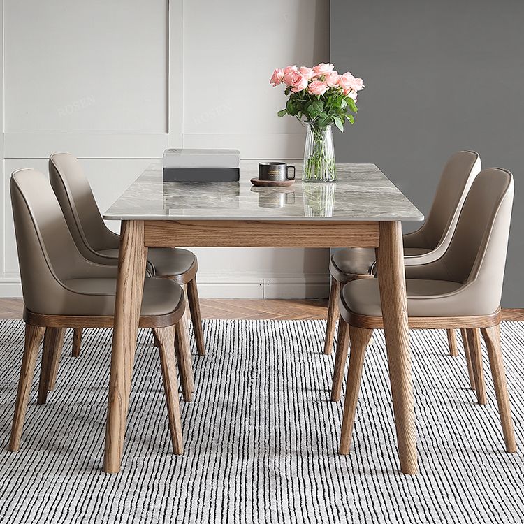 Mesa rectangular con tapa de piedra sinterizada en mesa de cocina gris con base de madera y 4 patas