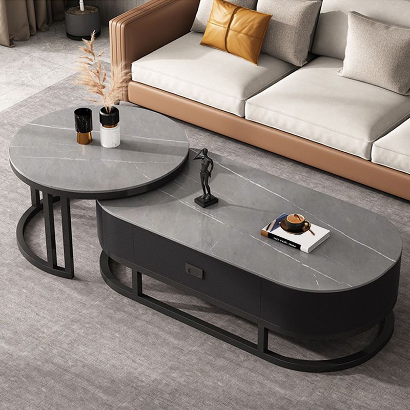Oval Coffee Table Slate Nesting Coffee Table Set with Black Legs