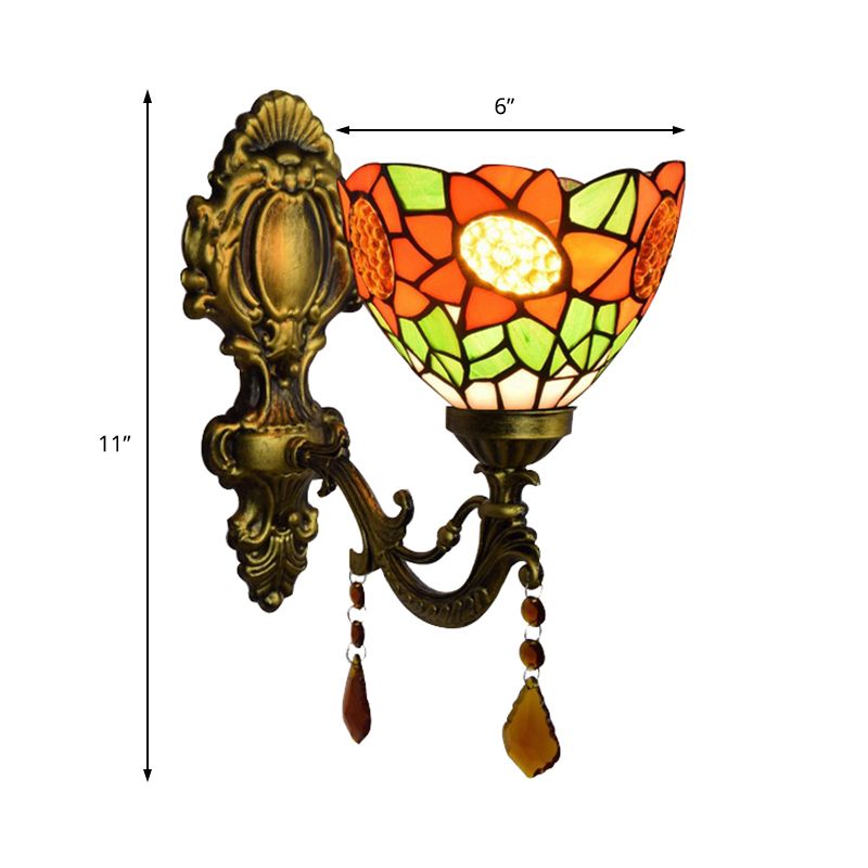 Orange Sunflower Wall Lighting Country 1 Head Wall Fixture Light with Bowl Glass Shade for Hallway