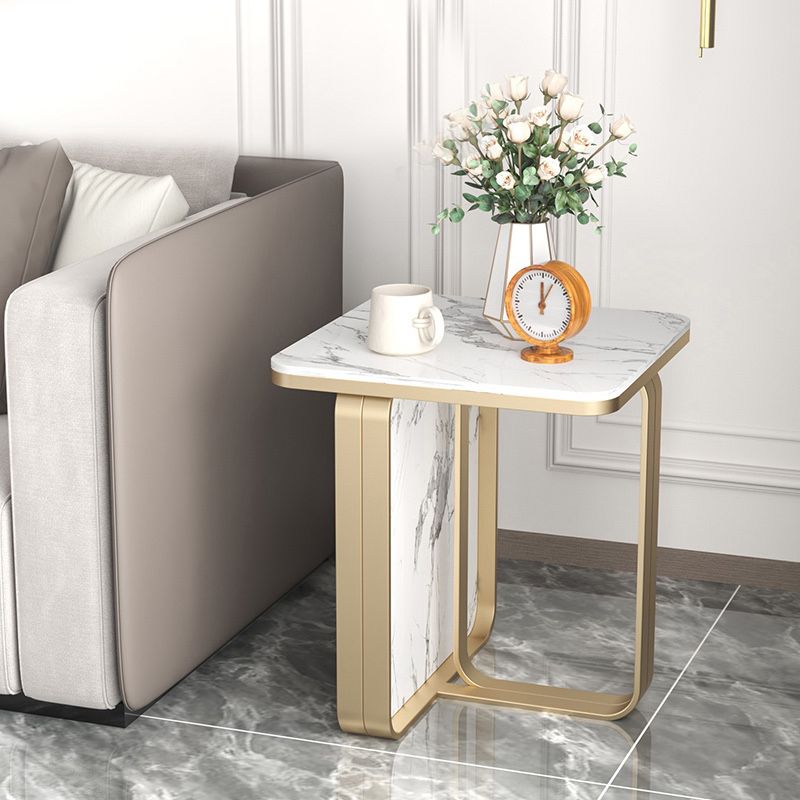 Modern Rectangular Stone Side End Table with Metal Abstract Leg