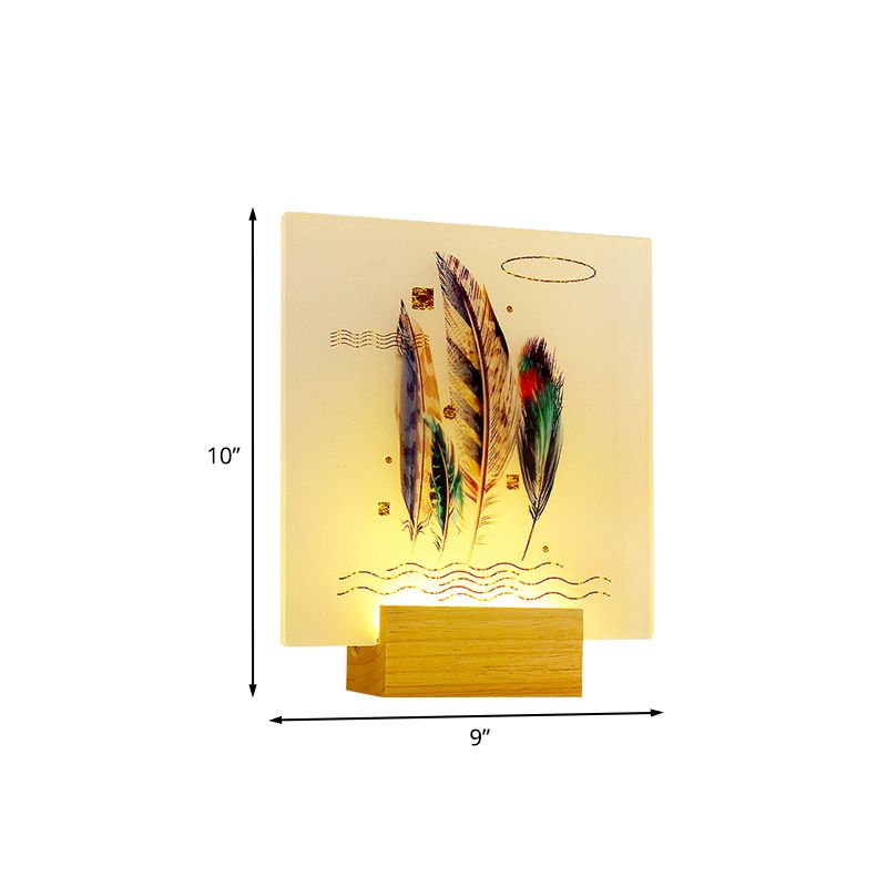 Wood Square Shaped Feather Wall Lamp Asia Style LED Acrylic Wall Mural Light for Living Room